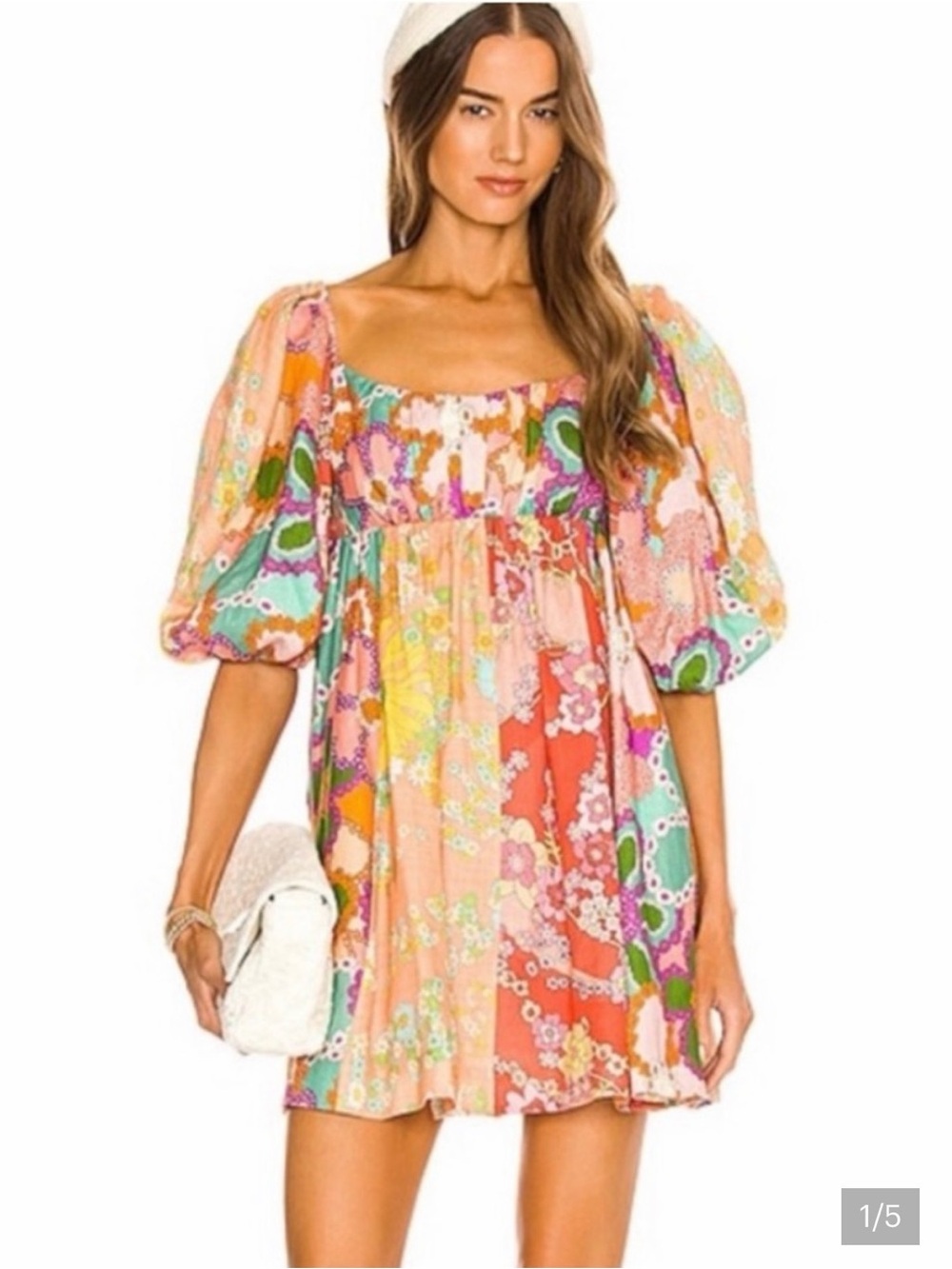 Zimmermann Peach Multi Floral Puff-Sleeve Mini Dress